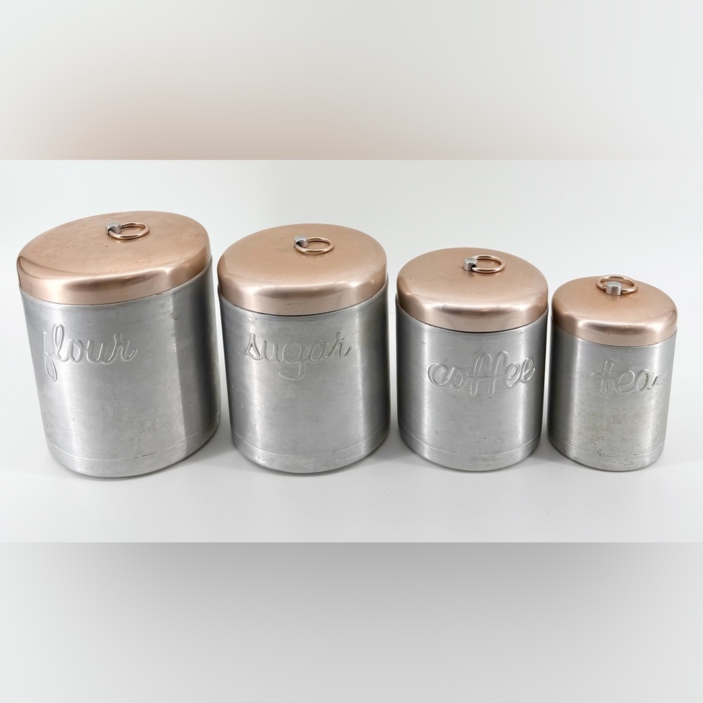 Vintage 50’s MCM Heller Hostess Ware Aluminum Canister Set 4pc Copper Lids Italy